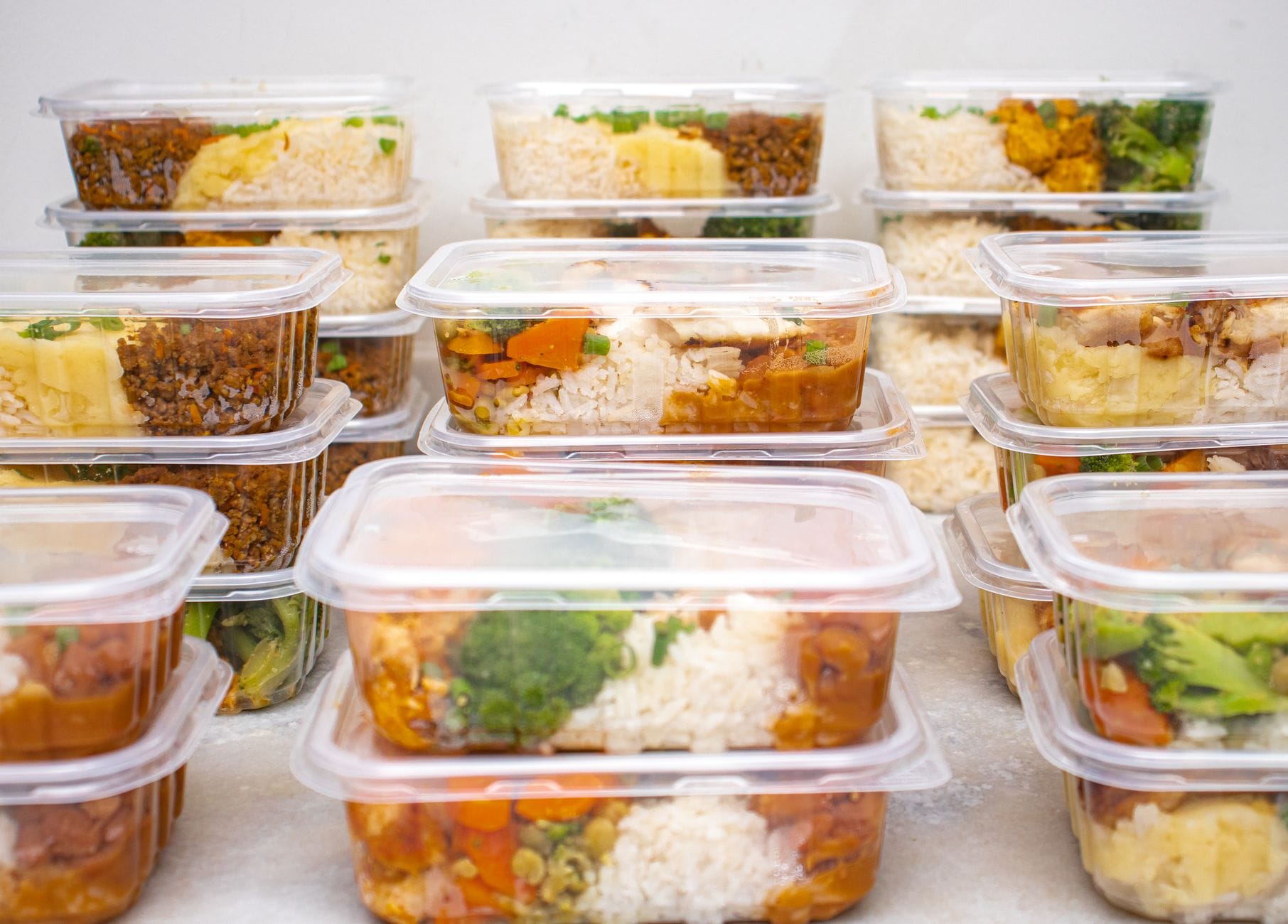 Batch-cooked meals in containers