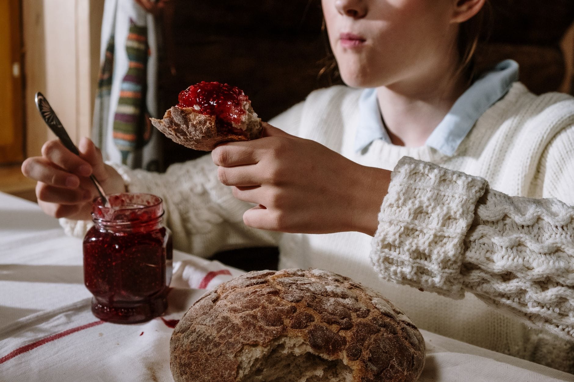 Red raspberry jam on bread