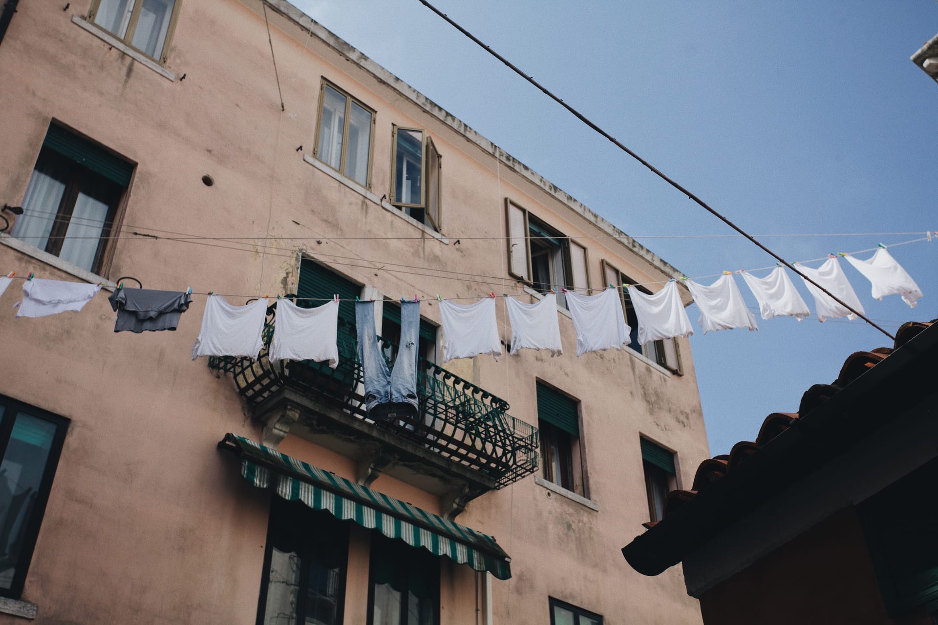 Laundry drying on outdoor washing lines