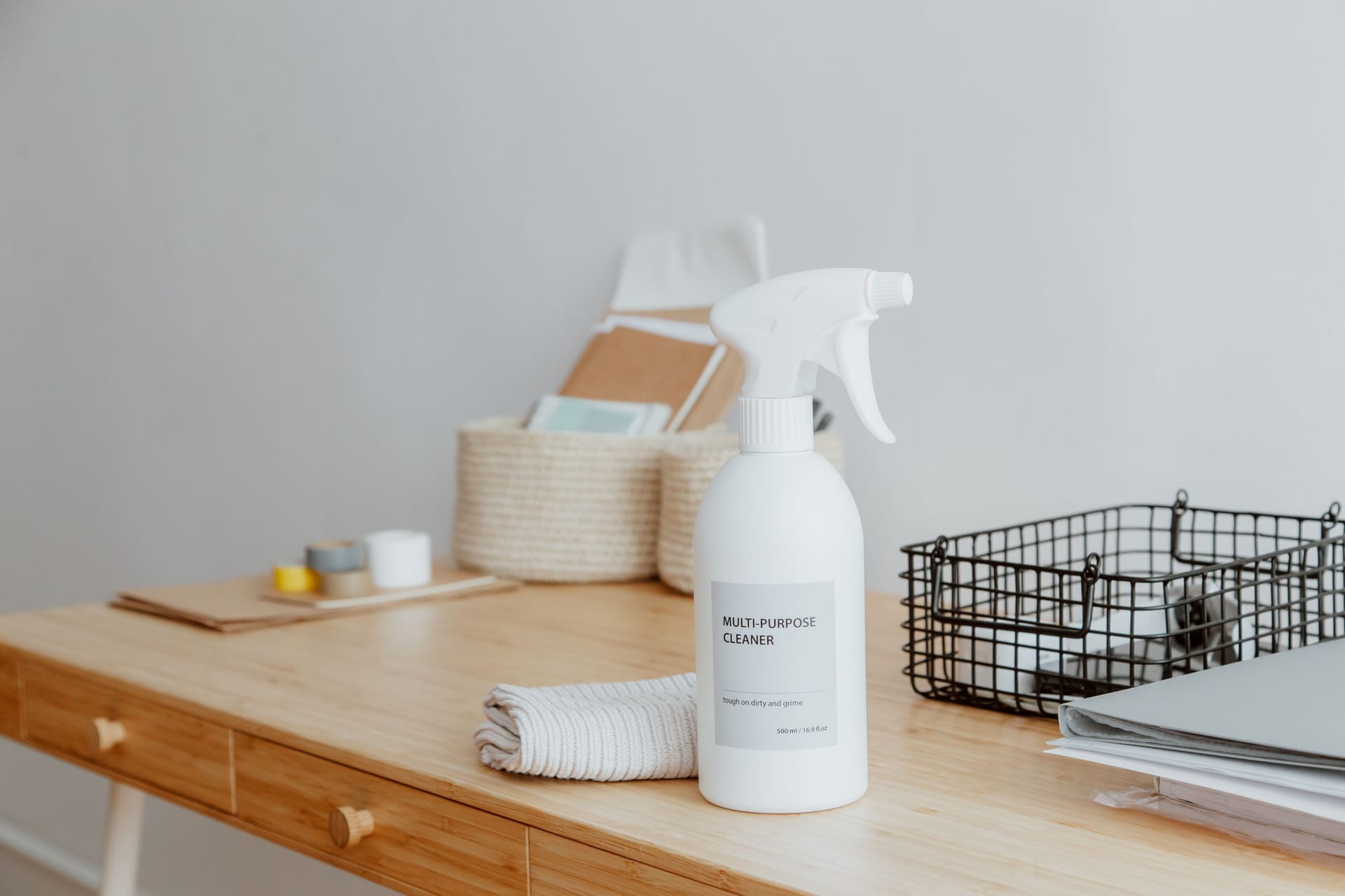 A bottle of multi-purpose cleaner on a clean surface