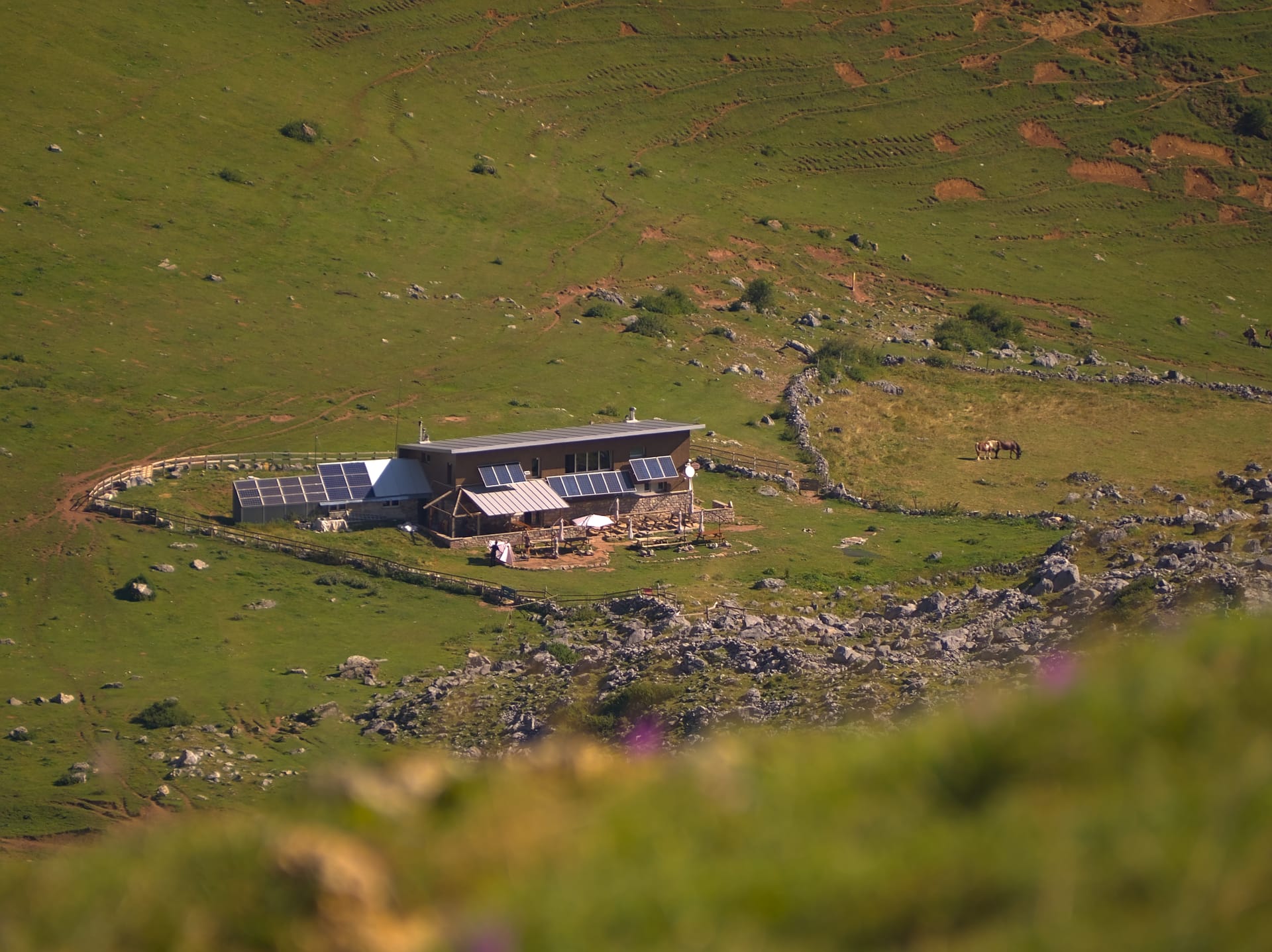 A remote off-grid home with solar panels on a hillside