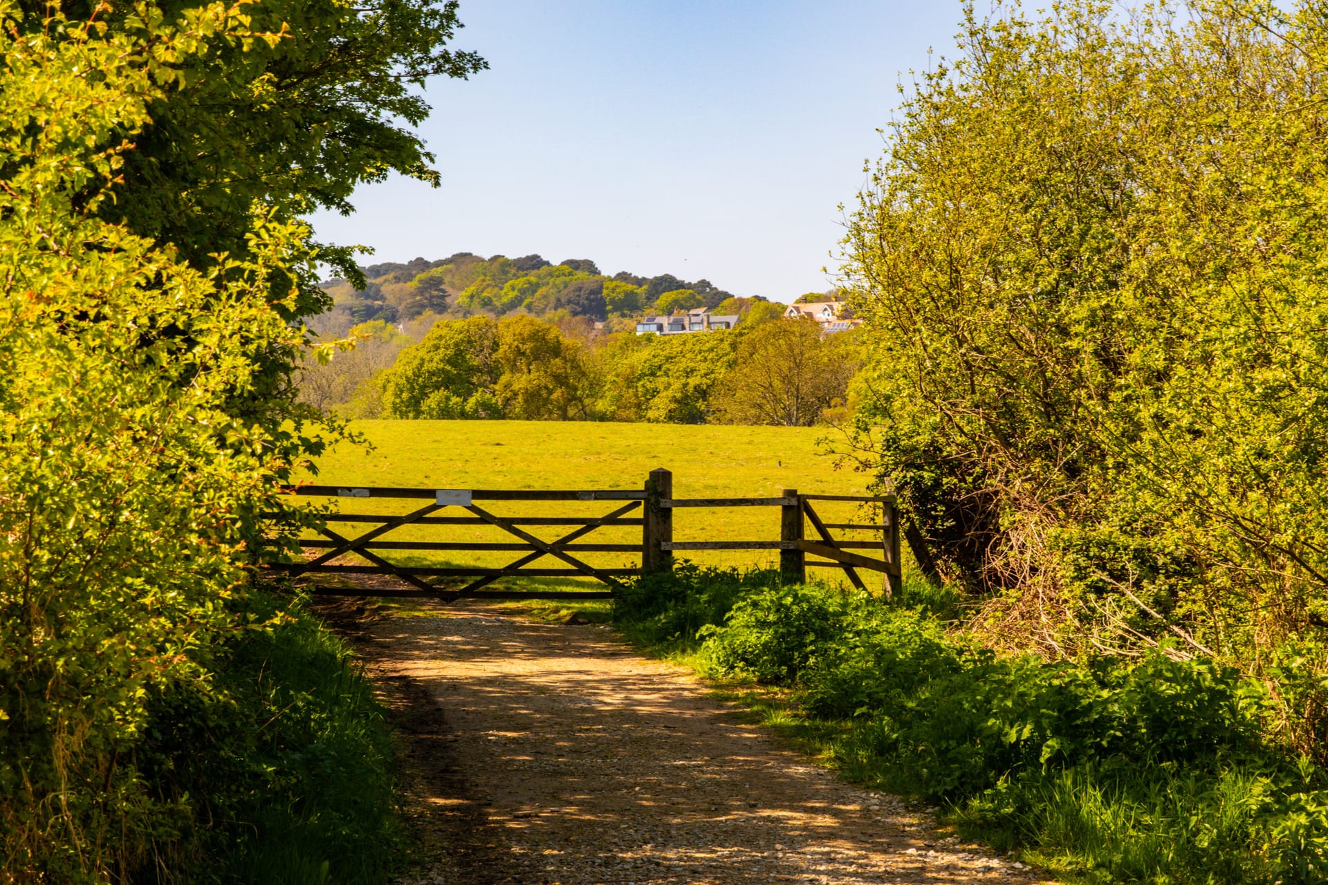 A wooden gate onto a rough field and track in the countryside