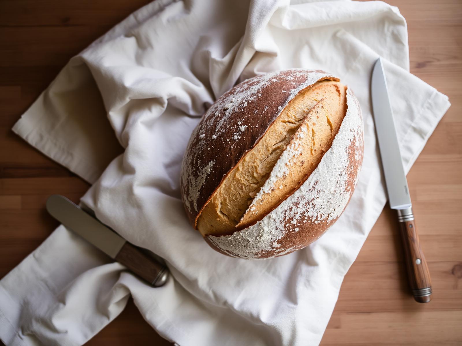 A glass jar of bubbly sourdough starter on a wooden kitchen surface