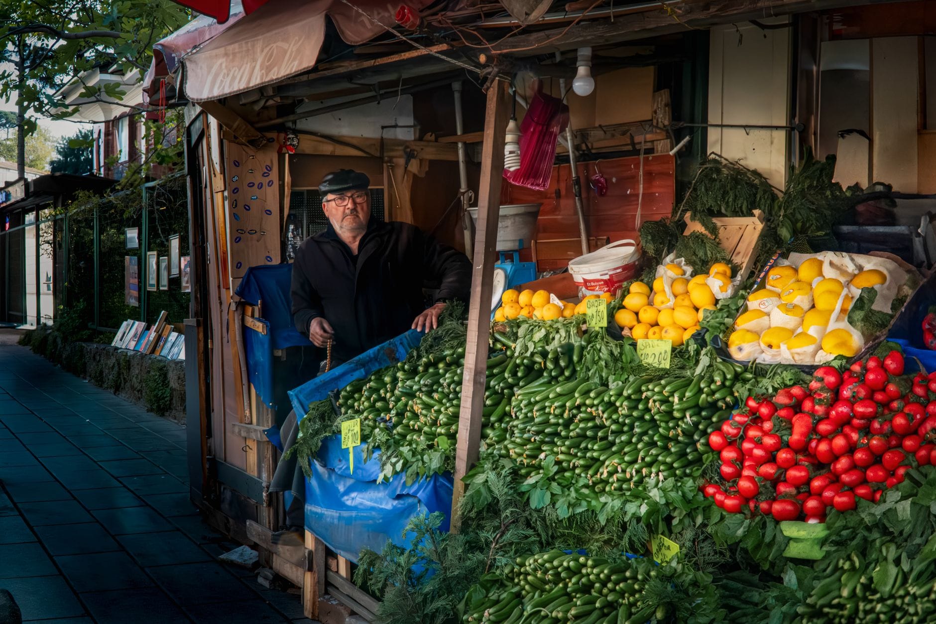 A thriving British greengrocer stall