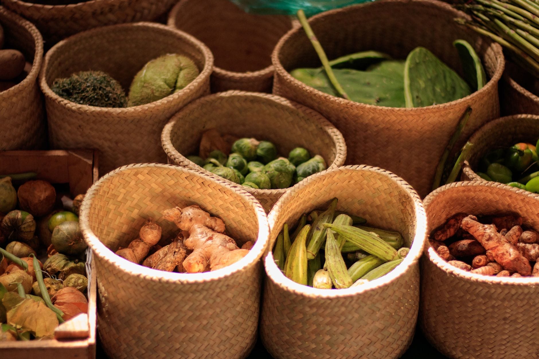 Baskets of surplus vegetables