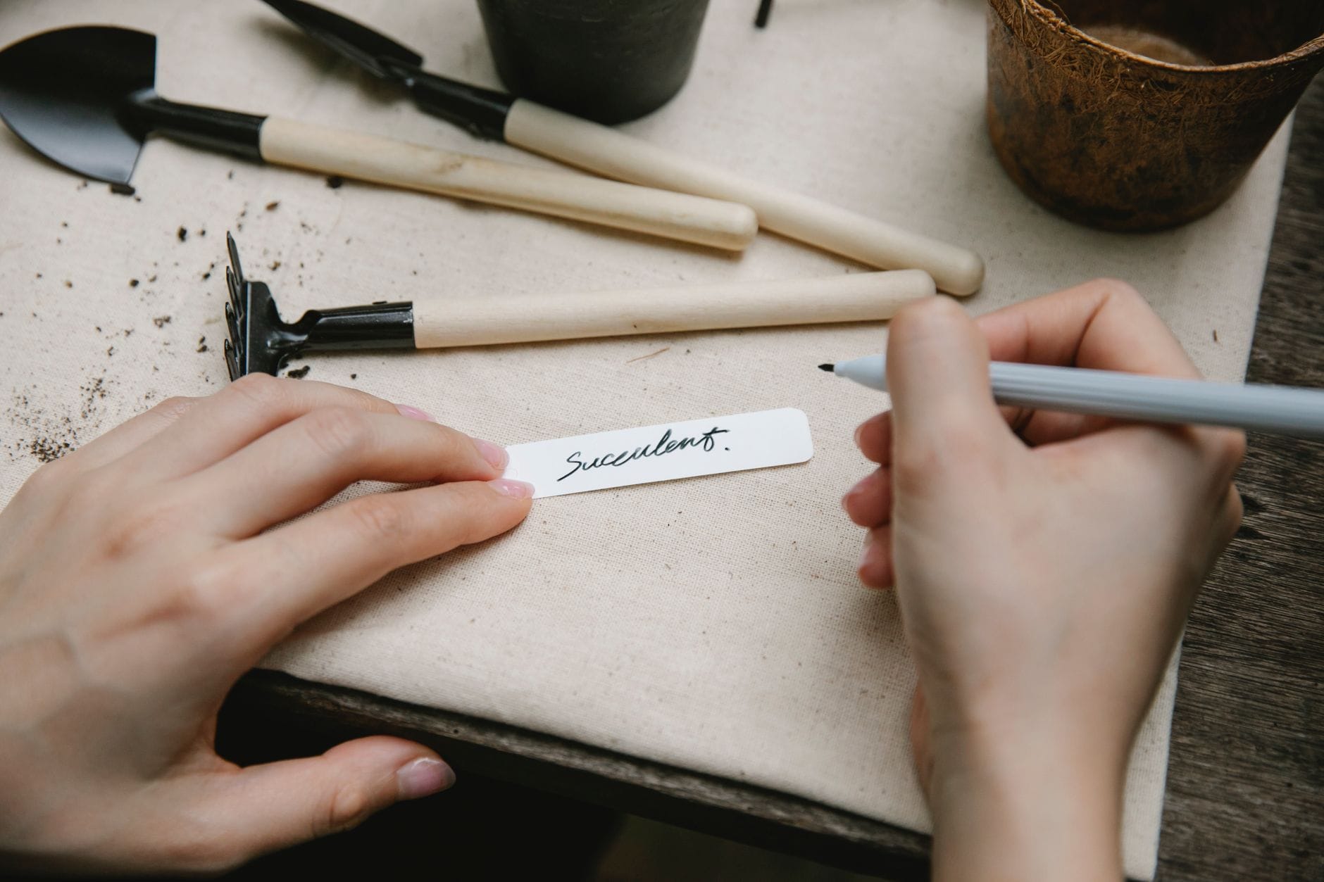 Writing a plant label at a potting bench